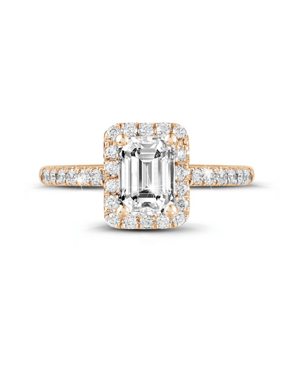 1.00 karaat Halo solitaire ring met een emerald cut diamant in rood goud met ronde diamanten