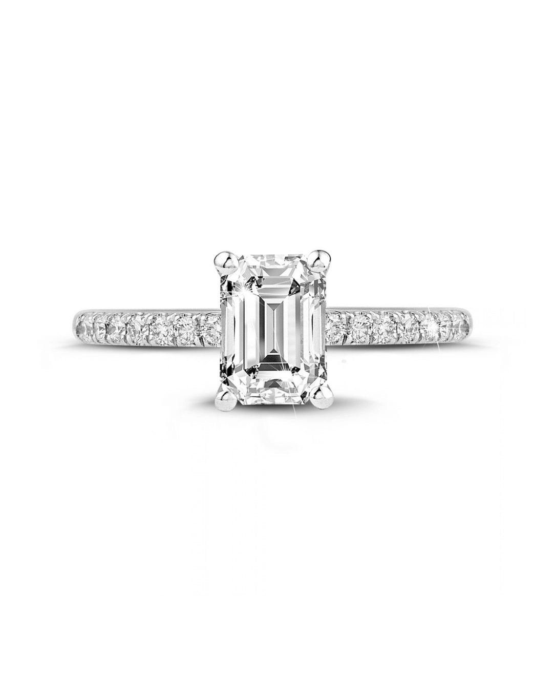1.00 karaat solitaire ring met een emerald cut diamant in wit goud met zijdiamanten