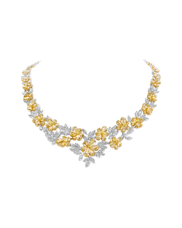 Uniek exemplaar – 78,81 karaat bloemen-collier in geel en wit goud