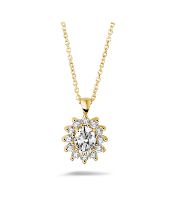 1.85 karaat entourage hanger in geel goud met ovale en ronde diamanten