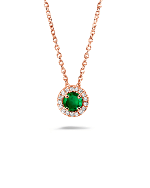 Halo halsketting in rood goud met centrale smaragd en ronde diamanten