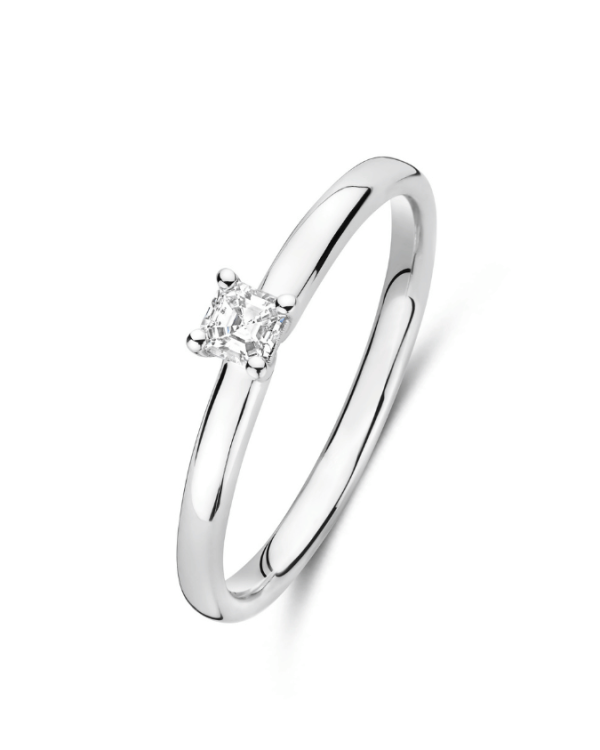 0.15 karaat solitaire ring met een asscher geslepen diamant in witgoud