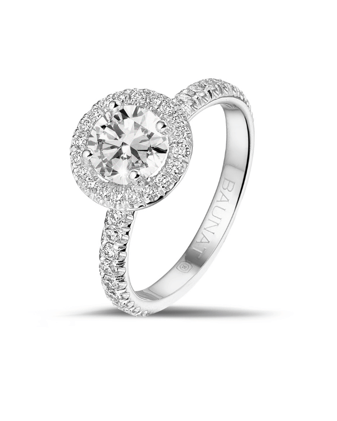 1.00 karaat halo solitaire ring in wit goud met ronde diamanten