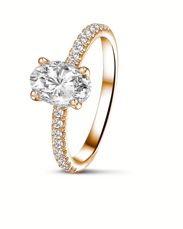 1.00 Ct. solitaire ring in rood goud met ovale diamant en hidden halo