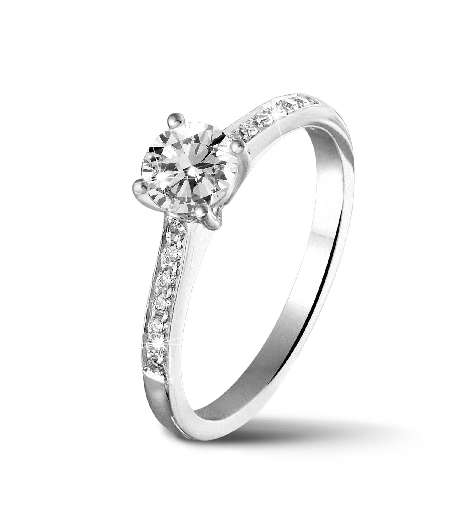 0.50 karaat solitaire ring in wit goud met vier griffen en zijdiamanten