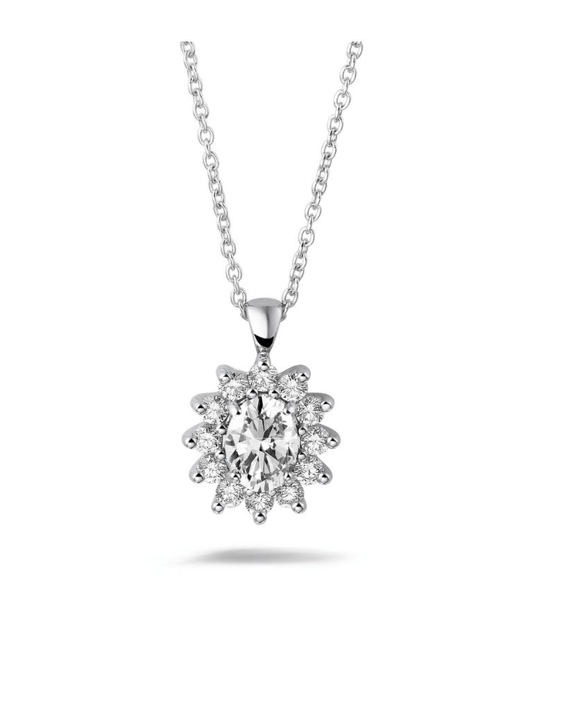 1.85 karaat entourage hanger in platina met ovale en ronde diamanten
