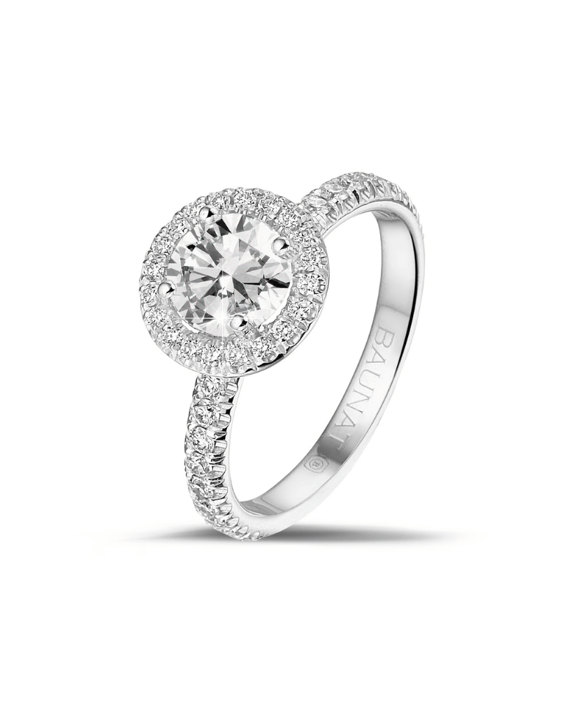 1.00 karaat halo solitaire ring in wit goud met ronde diamanten