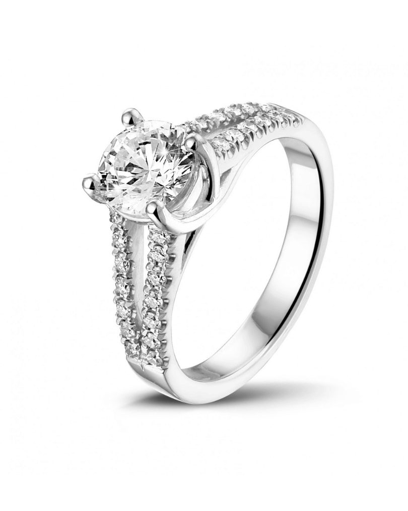1.00 karaat solitaire ring in wit goud met zijdiamanten