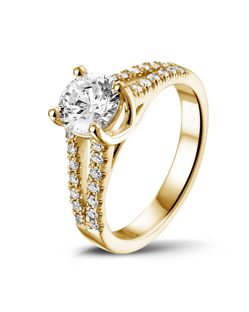 1.00 karaat solitaire ring in geel goud met zijdiamanten