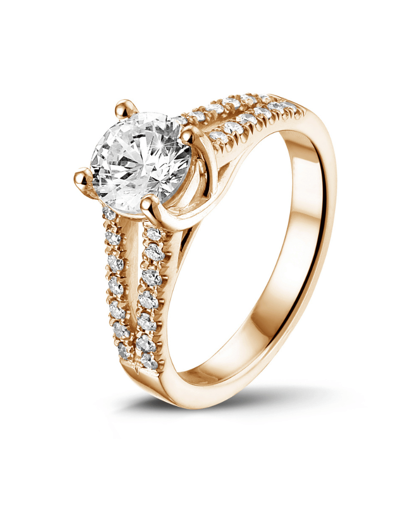 1.00 karaat solitaire ring in rood goud met zijdiamanten