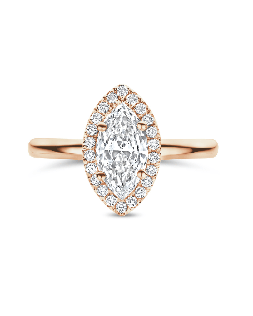 1.00Ct halo ring in rood goud met marquise diamant