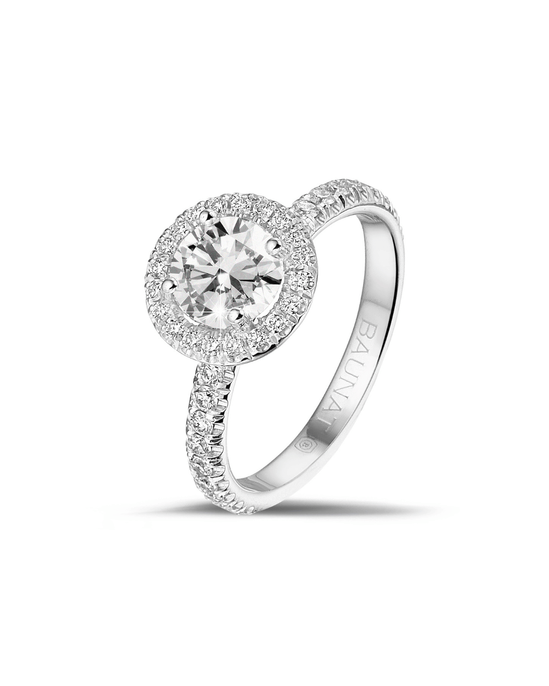 1.00 karaat halo solitaire ring in wit goud met ronde diamanten