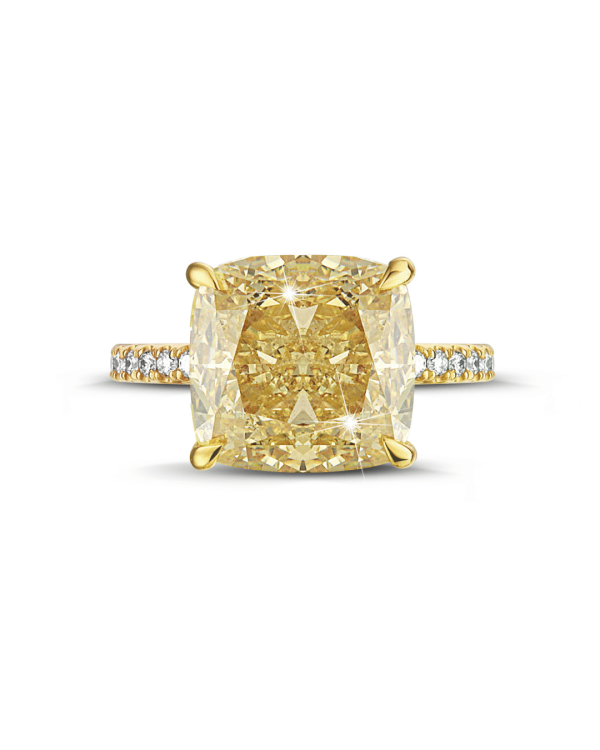 7.07ct solitaire ring in geel goud met 'fancy intense yellow' cushion diamant en zijstenen