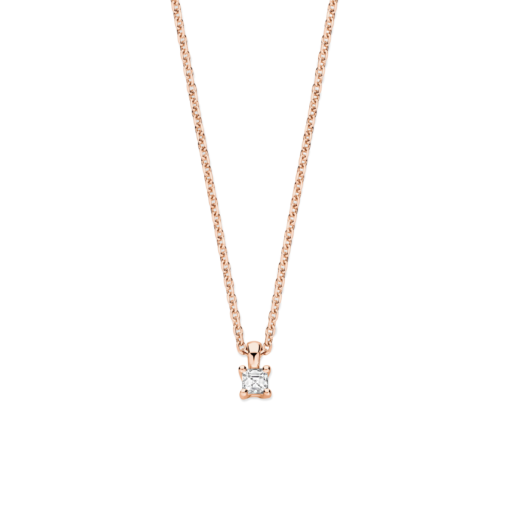 0.15 karaat solitaire hanger met een asscher geslepen diamant in rood goud