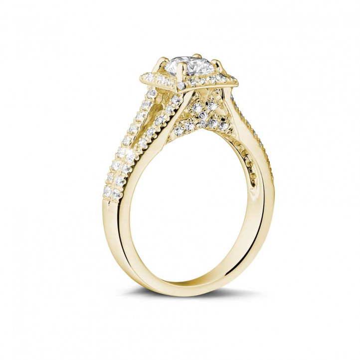 0.70 karaat diamanten solitaire ring in geel goud met zijdiamanten