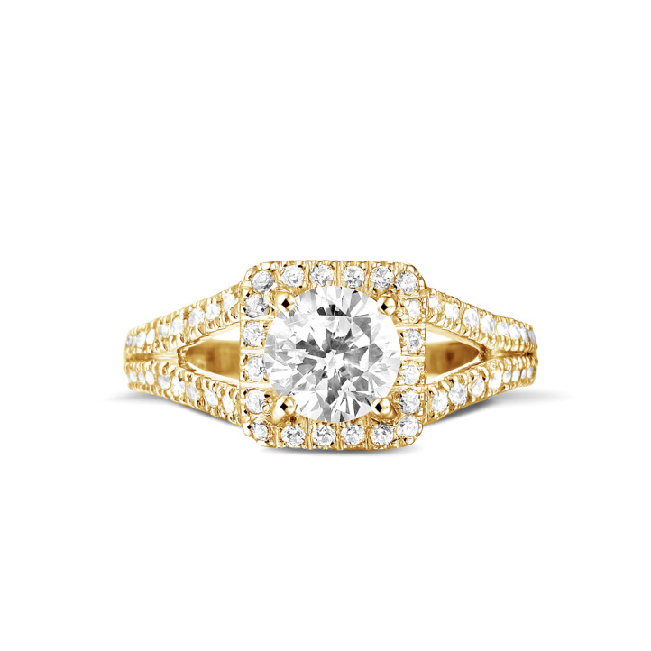1.00 karaat diamanten solitaire ring in geel goud met zijdiamanten