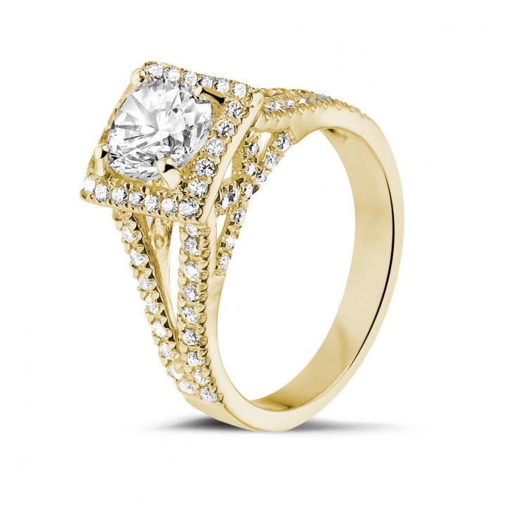 1.20 karaat diamanten solitaire ring in geel goud met zijdiamanten 