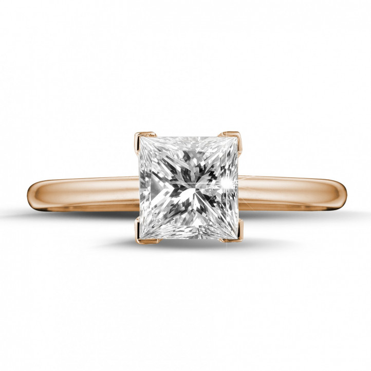 1.50 karaat solitaire ring in rood goud met princess diamant