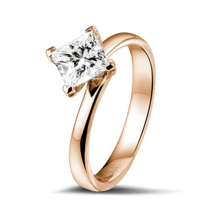 Gouden ring - 1.00 karaat solitaire ring in rood goud met princess diamant
