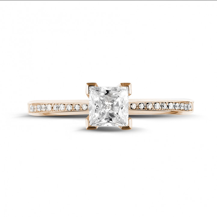 0.75 karaat solitaire ring in rood goud met princess diamant en zijdiamanten