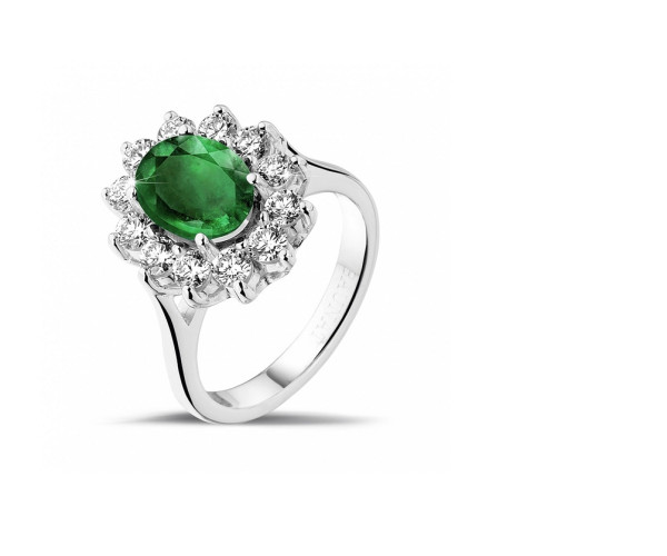 Entourage ring in wit goud met ovale smaragd en ronde diamanten - BAUNAT