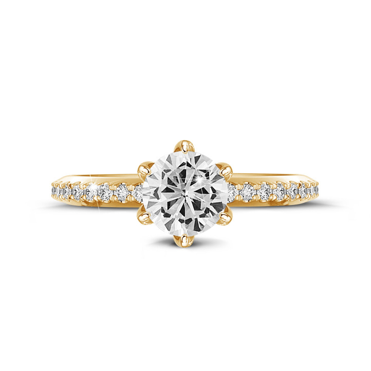 1.25 karaat solitaire ring in geel goud met zijdiamanten