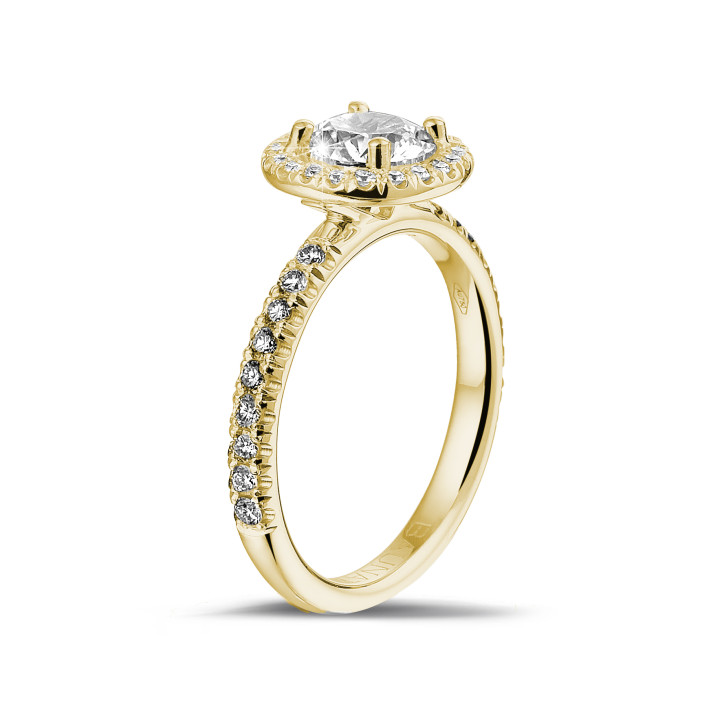 0.90 karaat Halo solitaire ring in geel goud met ronde diamanten