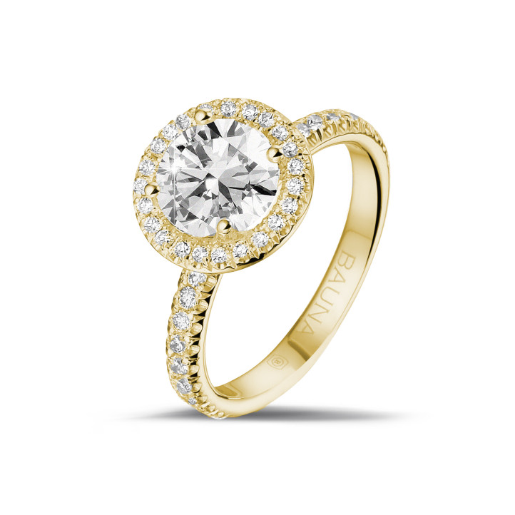 2.00 karaat Halo solitaire ring in geel goud met ronde diamanten