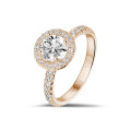 0.90 karaat Halo solitaire ring in rood goud met ronde diamanten