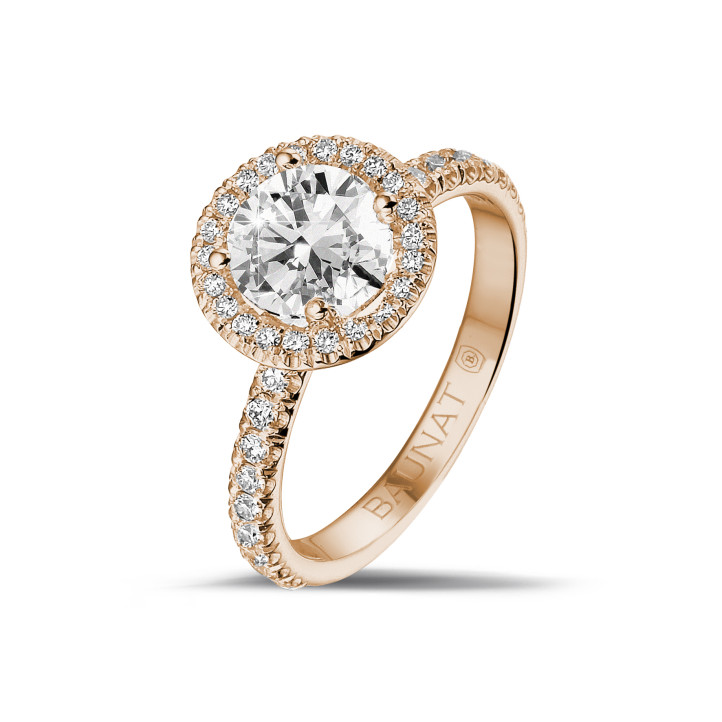 1.25 karaat Halo solitaire ring in rood goud met ronde diamanten