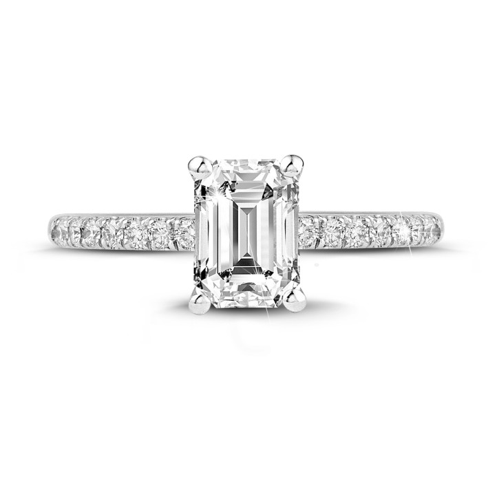 1.00 karaat solitaire ring met een emerald cut diamant in wit goud met zijdiamanten