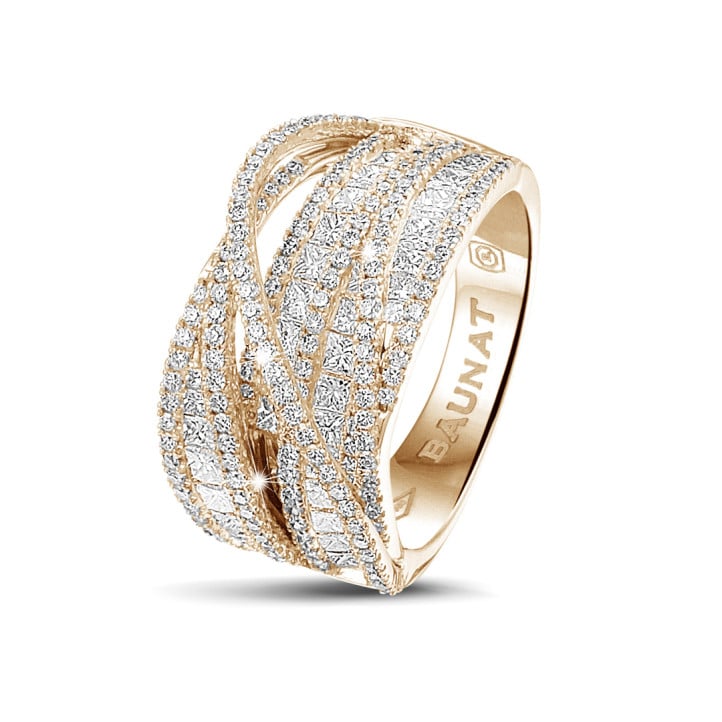 1.90 karaat ring in rood goud met ronde en princess diamanten