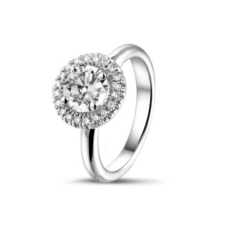 Verloving - 1.00 karaat halo solitaire ring in wit goud met ronde diamanten