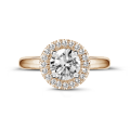 1.25 karaat Halo solitaire ring in rood goud met ronde diamanten