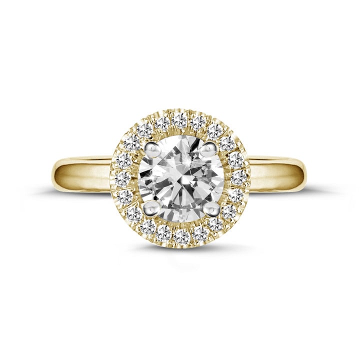 0.70 karaat Halo solitaire ring in geel goud met ronde diamanten