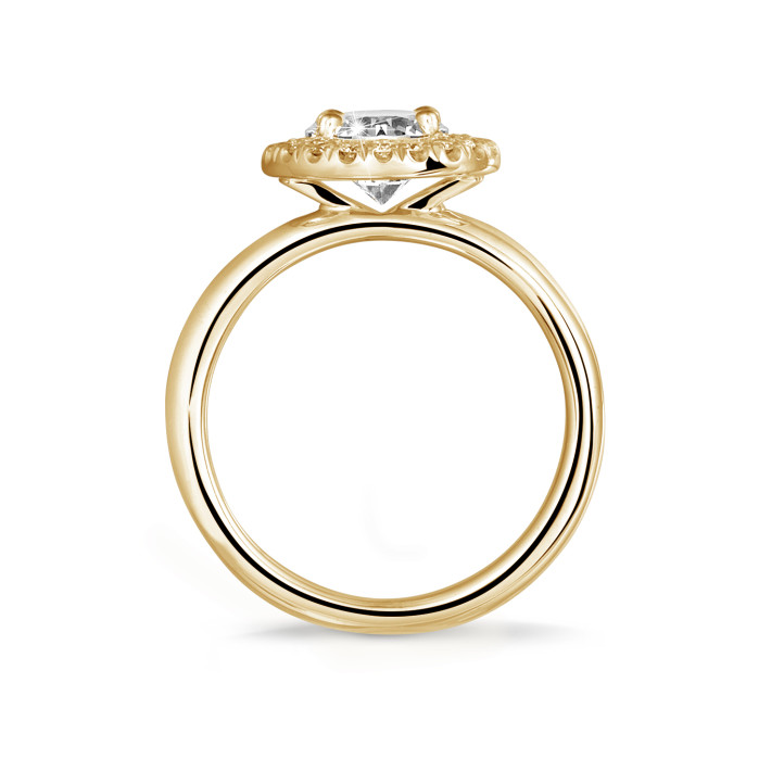 1.25 karaat Halo solitaire ring in geel goud met ronde diamanten