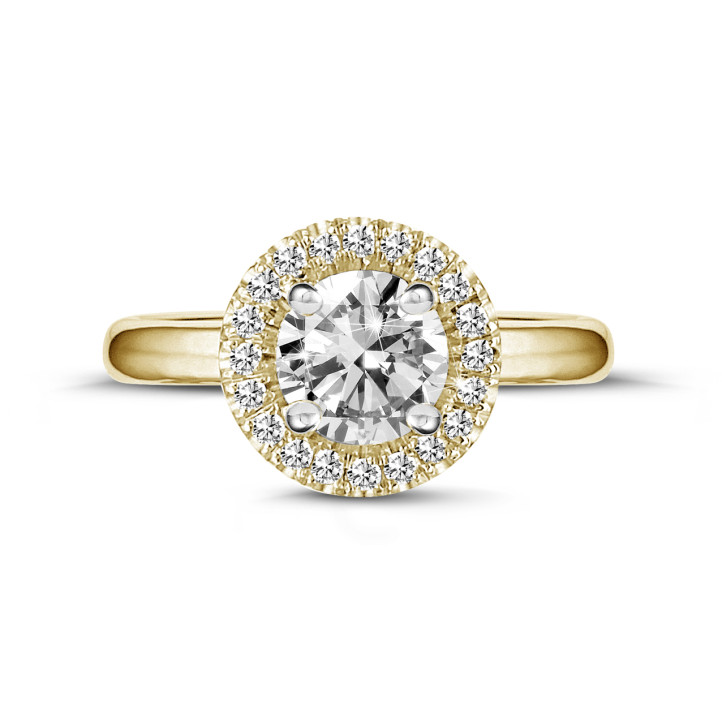 1.25 karaat Halo solitaire ring in geel goud met ronde diamanten