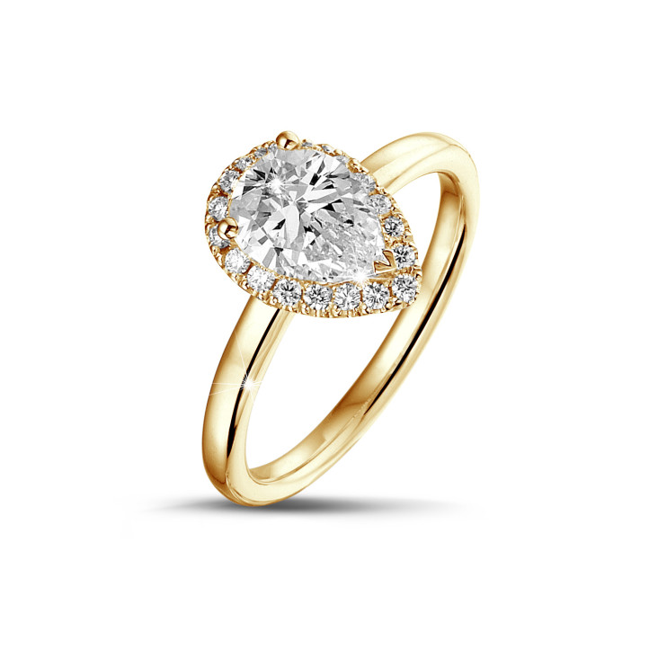 1.50Ct halo ring in geel goud met peervormige diamant
