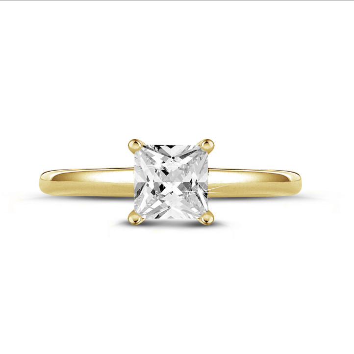 1.00 karaat solitaire ring met een princess diamant in geel goud