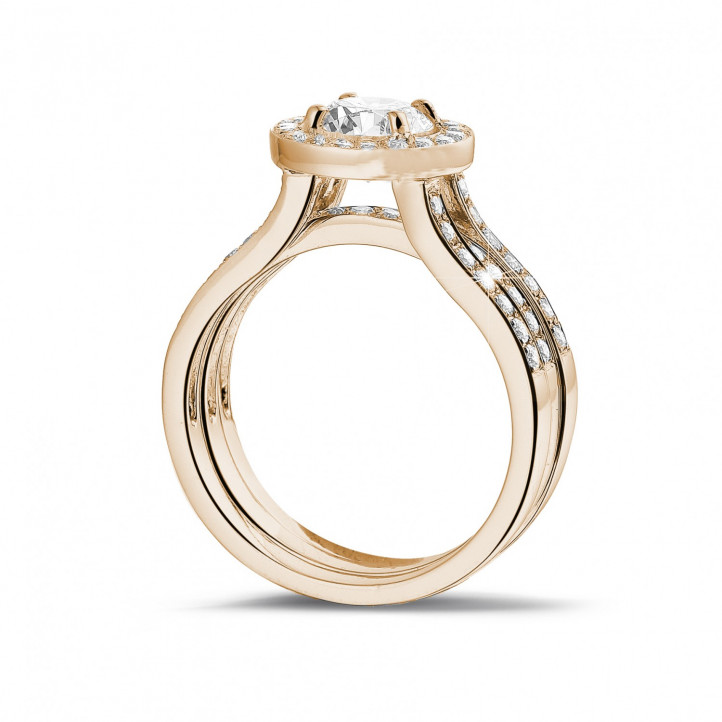 1.00 karaat diamanten solitaire ring in rood goud met zijdiamanten