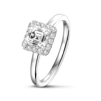 Ringen - 1.00 karaat halo solitaire ring met een asscher cut diamant in wit goud met ronde diamanten