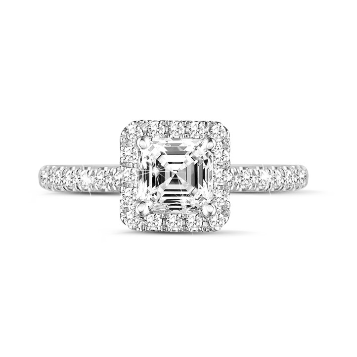 1.20 karaat halo solitaire ring met een asscher cut diamant in wit goud met ronde diamanten