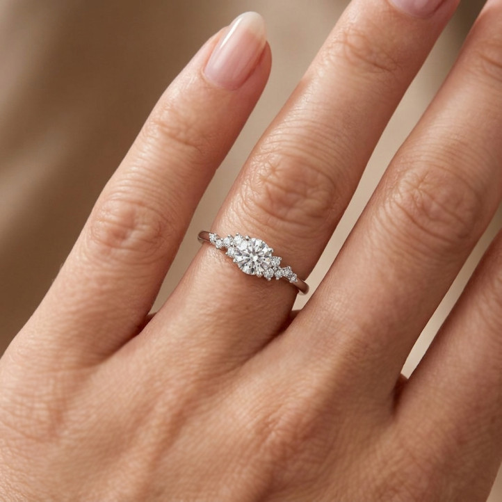 1.00 karaat solitaire clusterring in witgoud met een ronde diamant