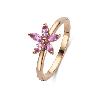 Bloemenring met marquise geslepen roze saffier bloemblaadjes