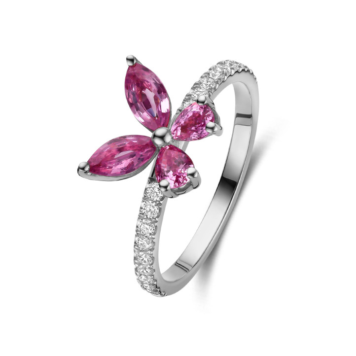 Vlinderring met Marquise en peergeslepen roze saffier vleugels