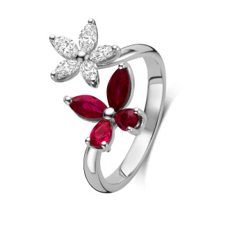 Ringen - Bloem- en Vlinderring met diamanten en robijnen in witgoud
