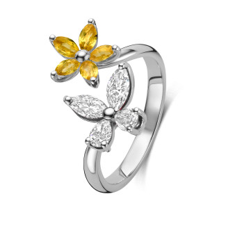 Ringen - Bloem- en Vlinderring met diamanten en gele saffieren in witgoud