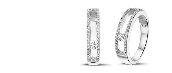 een tweepuntsperspectief van de zwevende diamanten ring, waardoor een mysterieus en elegant ‘zwevend’ effect ontstaat