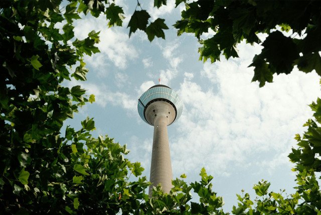 Uitzicht op de Rheinturm in Düsseldorf, omlijst door groene bladeren tegen een blauwe lucht
