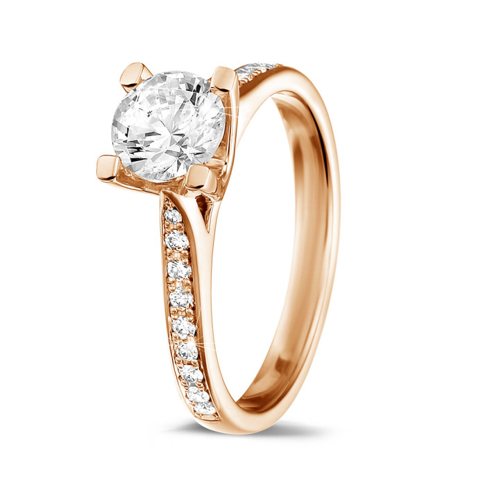 1.00 karaat diamanten solitaire ring in rood goud met zijdiamanten